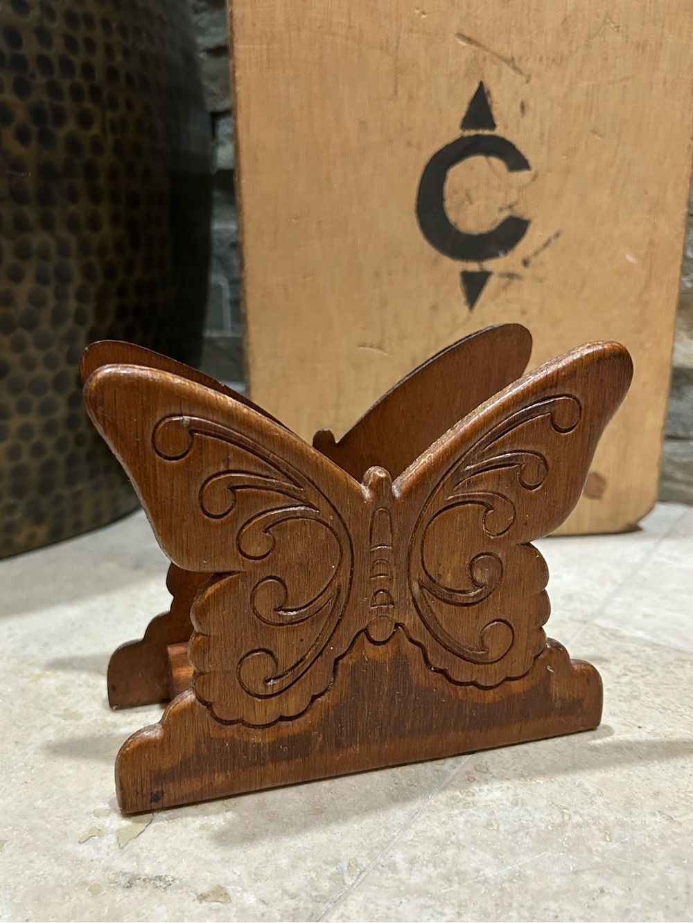 vintage Carved Wood Butterfly napkin holder